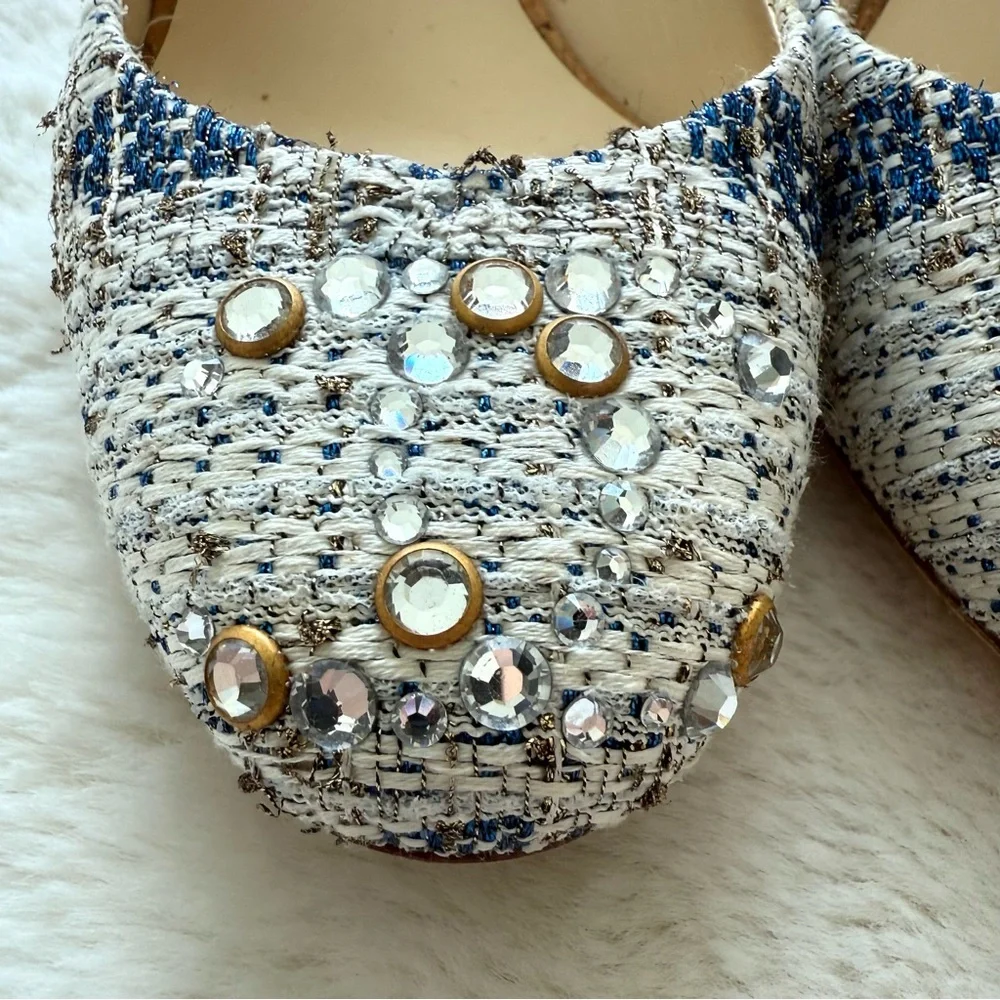 CHANEL Tweed Interlocking CC Blue White Slingback Size 40 EU or 10US Authentic